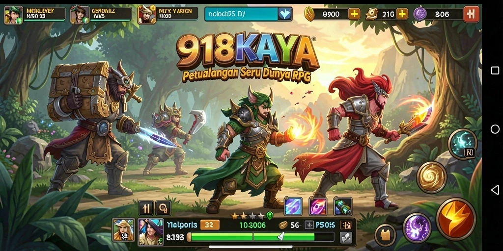 Tangkapan layar gameplay <strong>918KAYA</strong> menampilkan pertarungan epik dalam dunia RPG.
