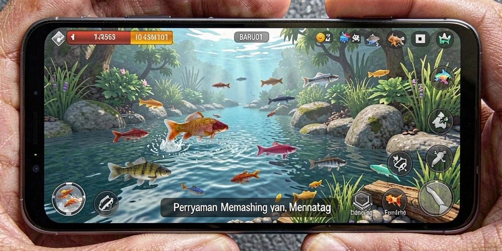Tampilan gameplay BARU01 yang mendebarkan saat memancing di lautan.