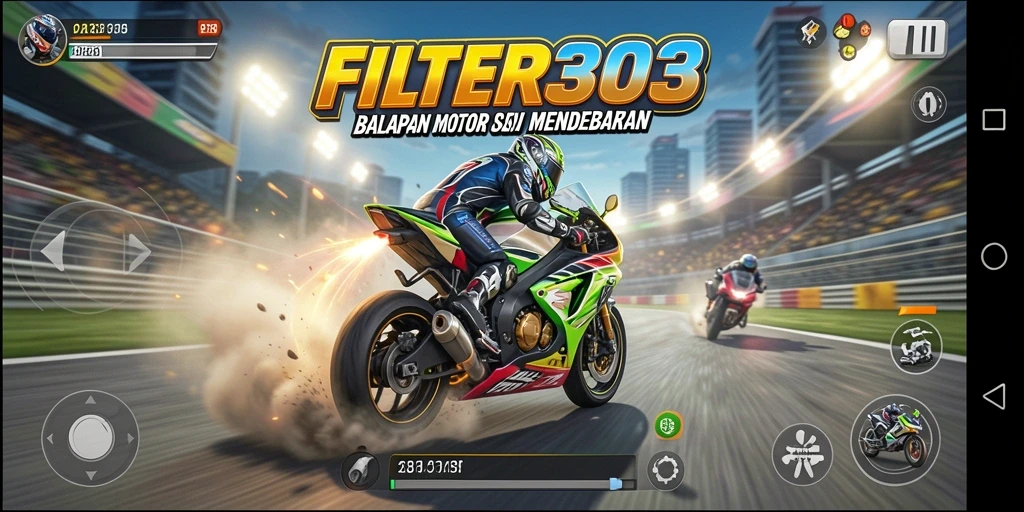 Tampilan gameplay FILTER303 menampilkan aksi balapan motor yang seru.
