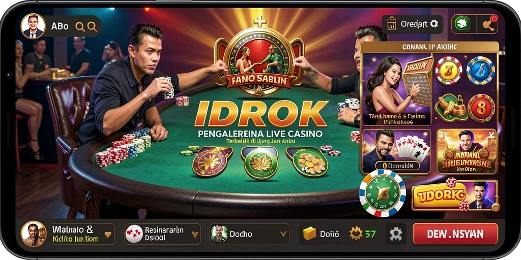Screenshot gameplay <strong>IDROK</strong> menampilkan dealer profesional dan suasana kasino yang hidup.