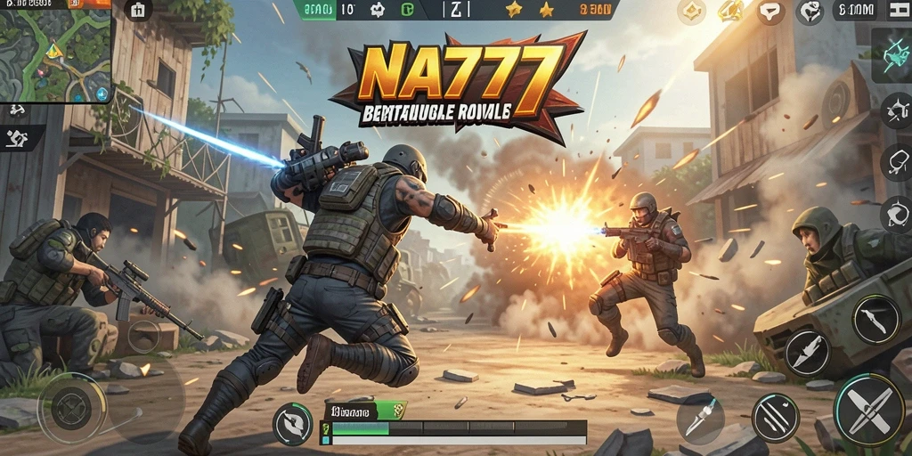 Tangkapan layar utama NA777 menampilkan aksi seru dalam pertempuran Battle Royale.