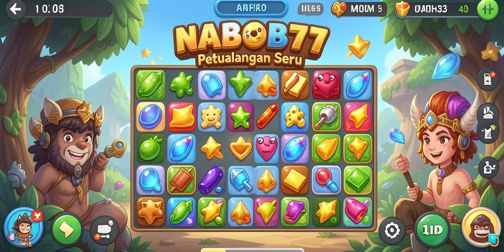 Screenshot utama NABOB77 menampilkan gameplay seru Match-3 yang penuh warna.
