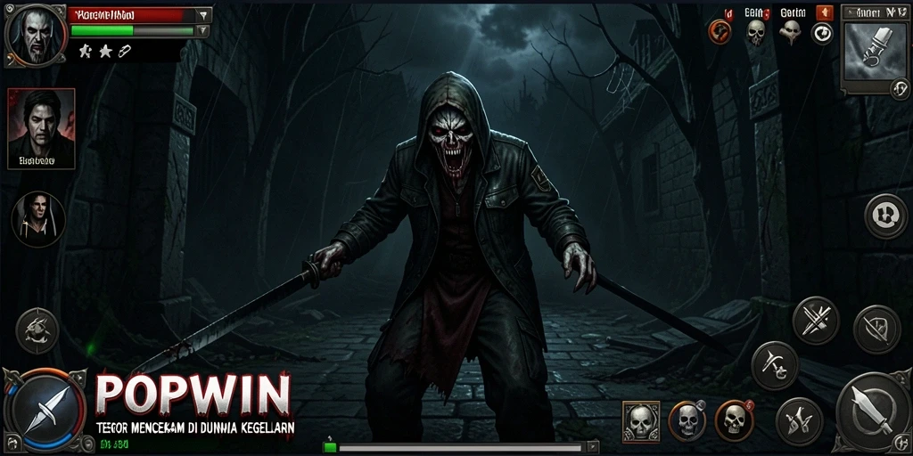 Screenshot utama POPWIN menampilkan gameplay menegangkan dengan suasana menyeramkan.