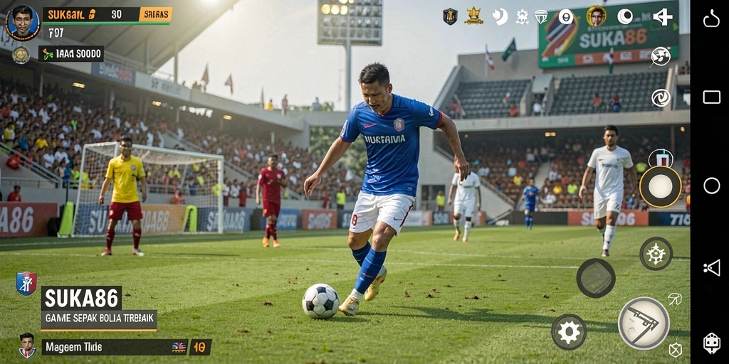 Screenshot utama menampilkan aksi seru di lapangan sepak bola.