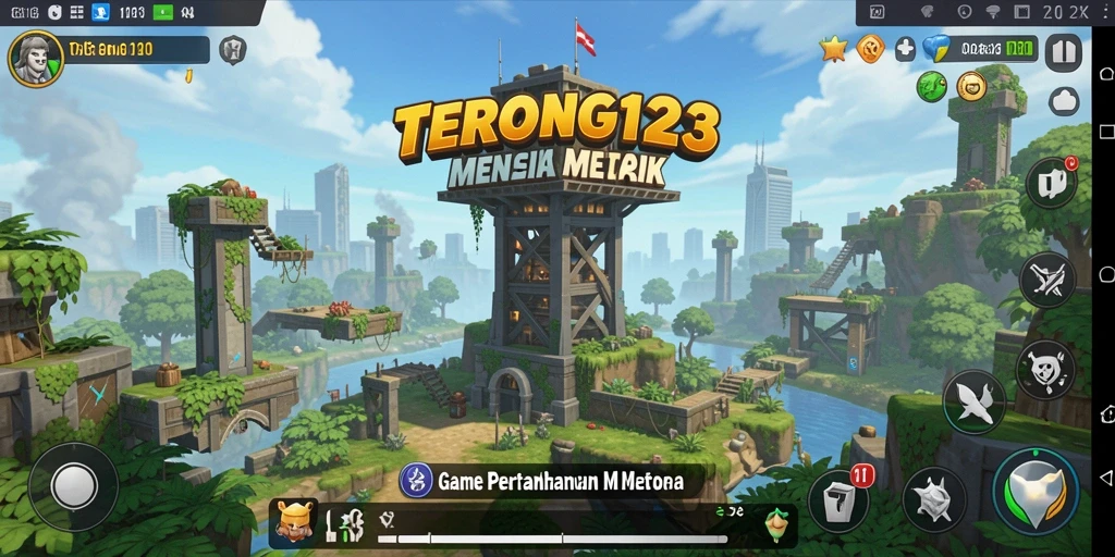 Screenshot gameplay menampilkan serangan menara dan musuh yang beragam.