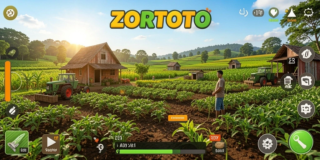 Tampilan gameplay ZORTOTO yang menampilkan lahan pertanian yang subur.